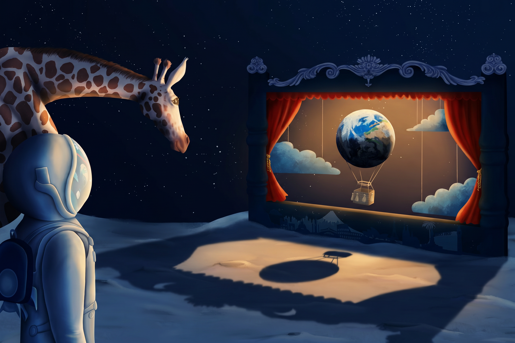 Illustration von Giraffe und Mondpilot, wie sie das Theater anschauen 