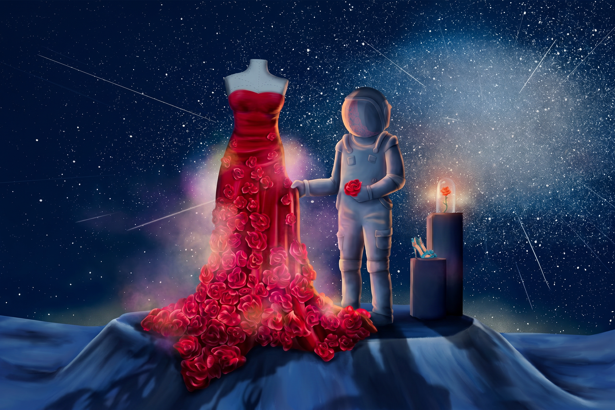 Illustration des Mondpiloten, wie er ein Designerkleid aus Rosen betrachtet.