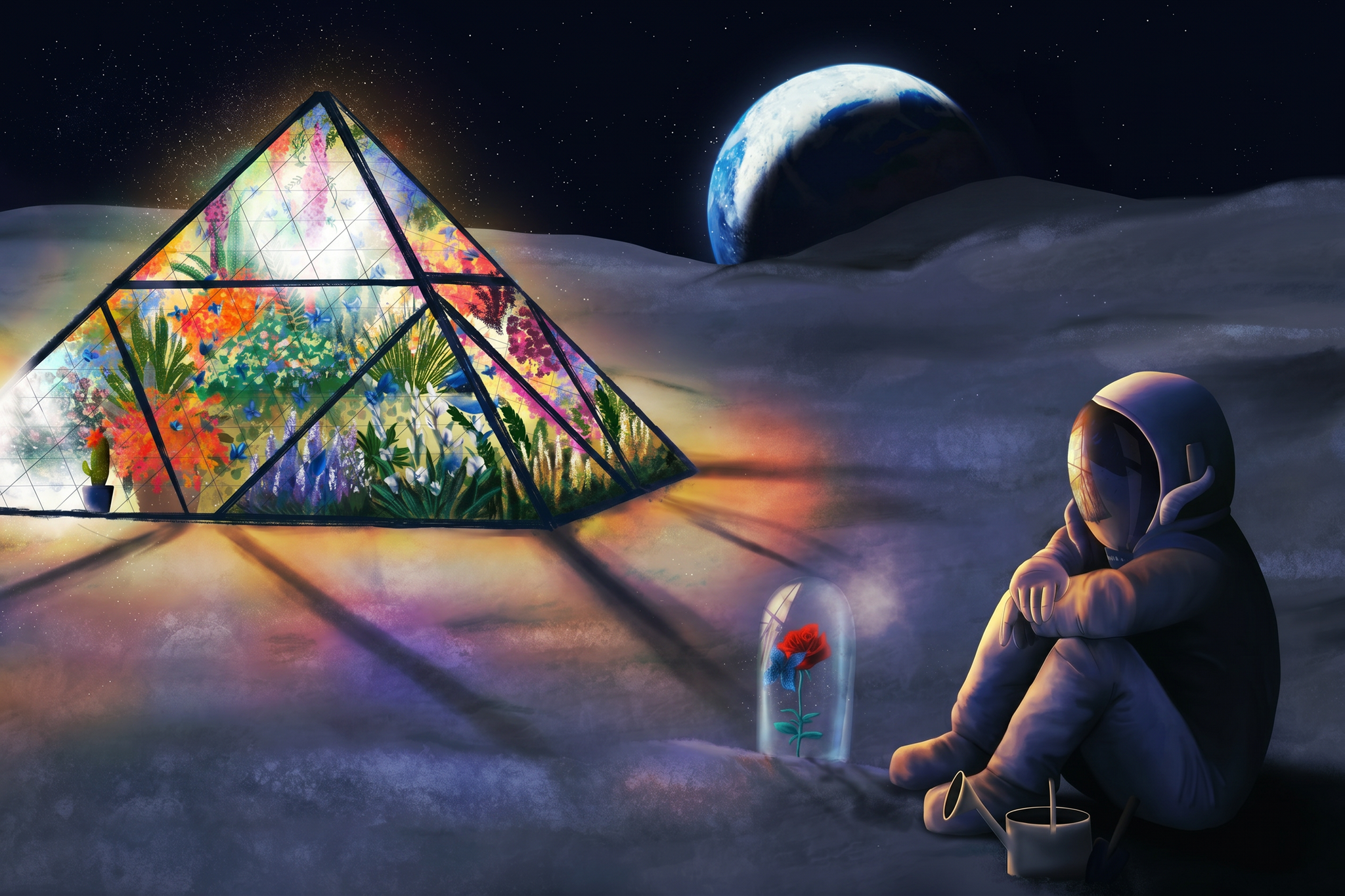 Illustration des Mondpiloten, wie er auf dem Mond sitzt und von einem Gewächshaus angestrahlt wird welches wie das Louvre aussieht.