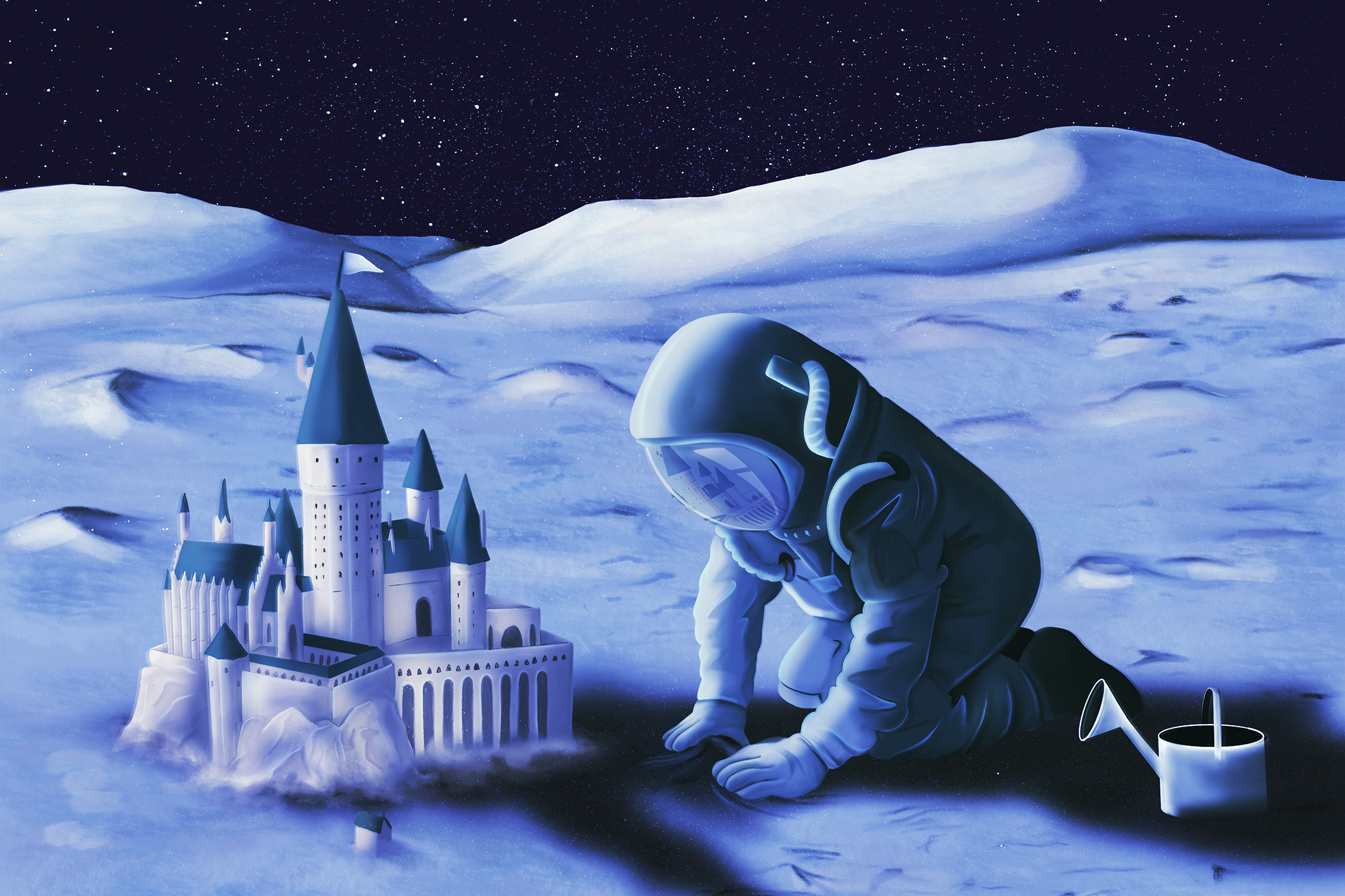 Illustration des Mondpiloten wie er eine Sandburg auf dem Mond baut welche aussieht wie Hogwarts