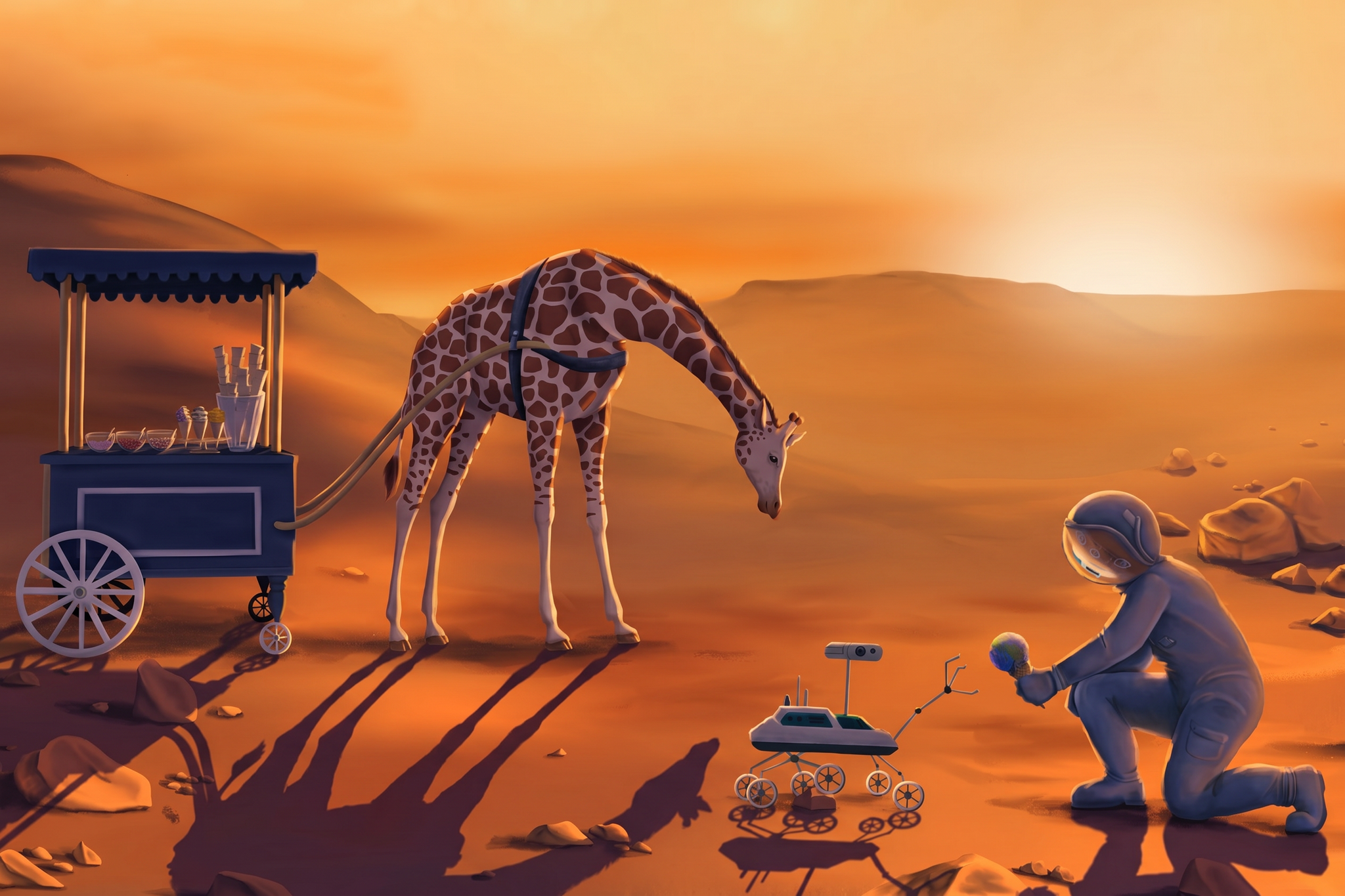 Illustration von Mondpilot und Giraffe auf den Mars, wie sie einem kleinen Roboter ein Planeteneis geben.