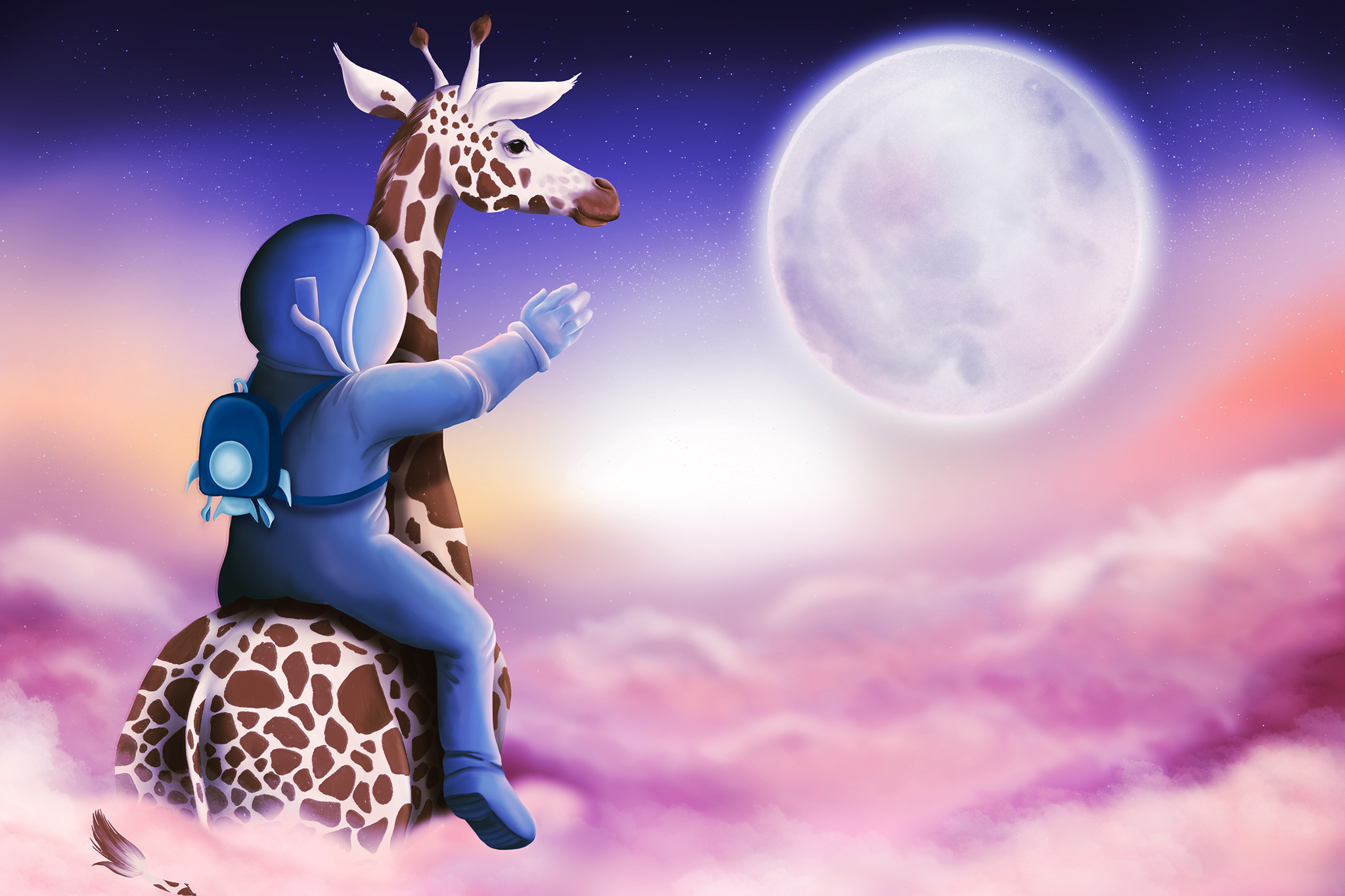 Illustration des Mondpiloten, wie er auf einer Giraffe in rosa Wolken sitzt und nach dem Mond greift.
