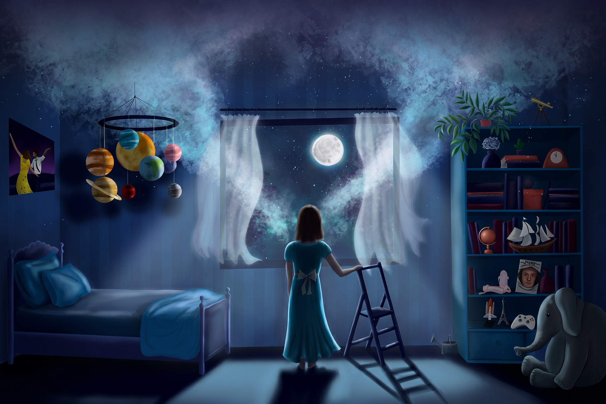 Illustration des Mädchens welches durch ihr Zimmerfenster in der Nacht den Mond betrachtet.