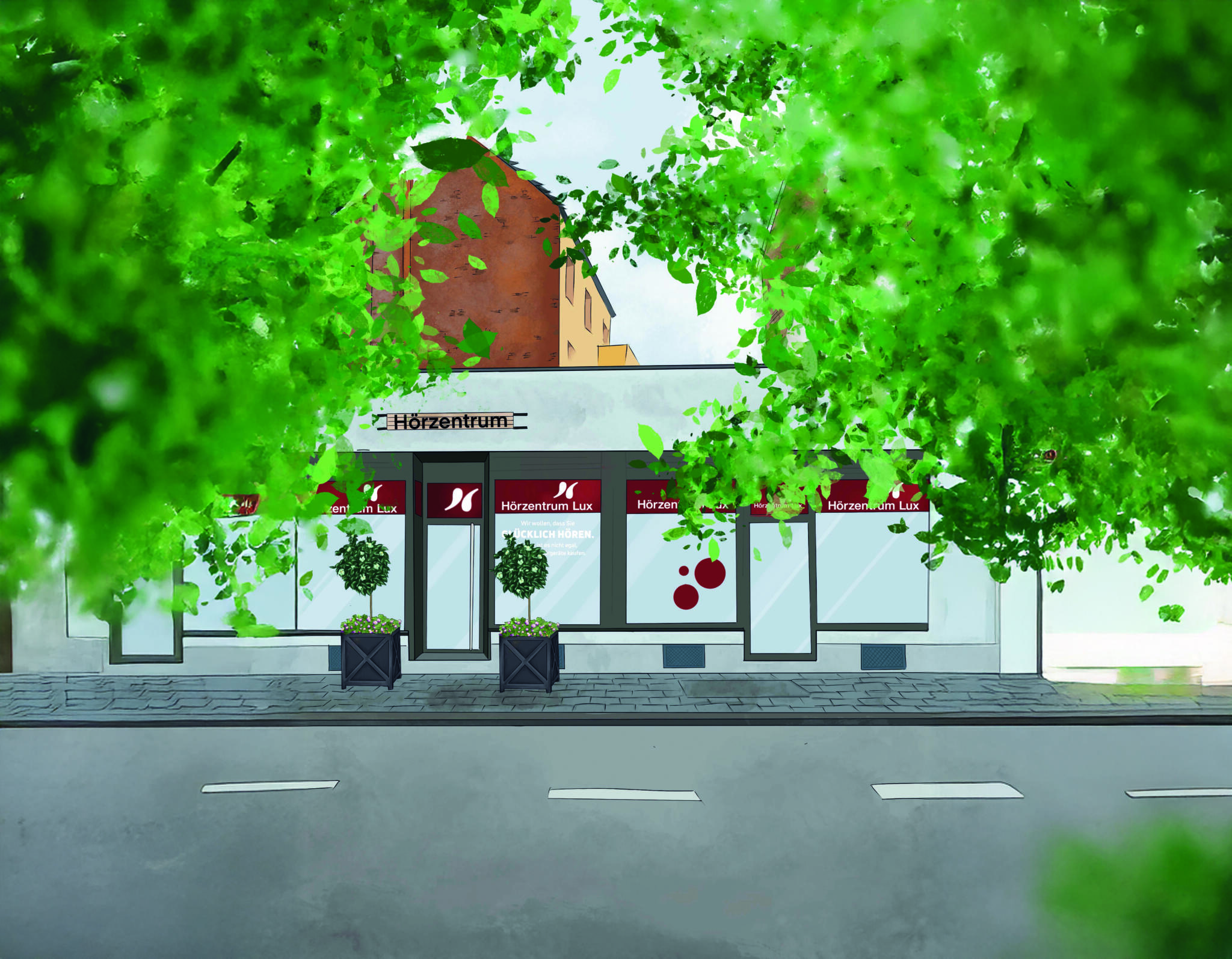 Illustration Hausfront Hörende Lux