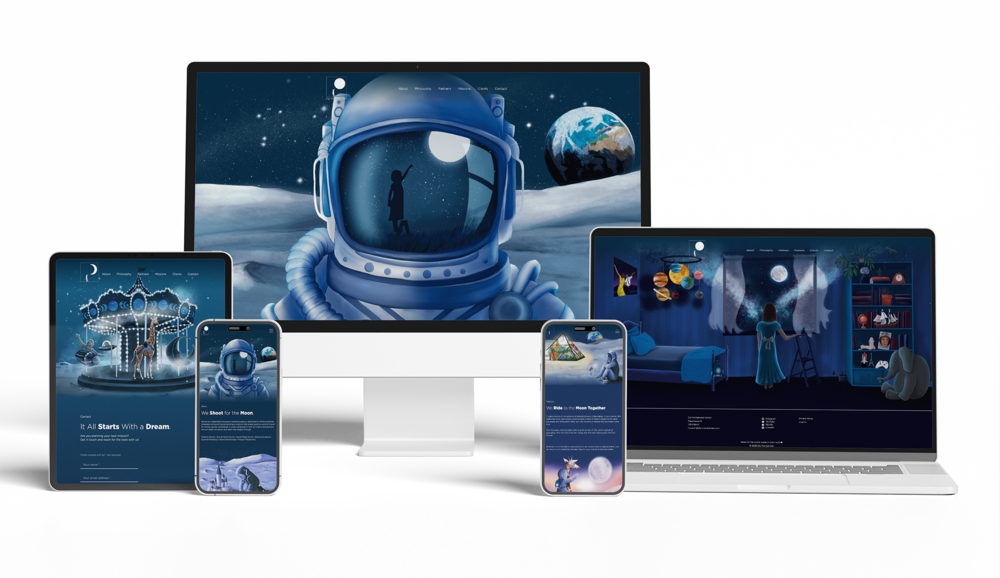 Übersicht der Website Gestaltung auf responsive Devices für Die Mondpiloten