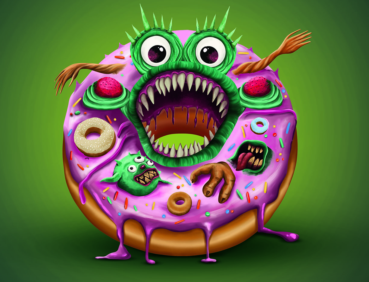 Illustriertes Donut-Monster als Key Visual einer Healthcare-Kampagne für das Medizinprodukt ESOXX.